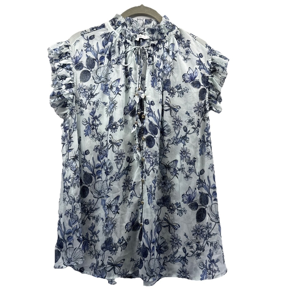 Chicos Women's Top Size L Blue White Floral Chiffon Ruffle Butterflies Pullover